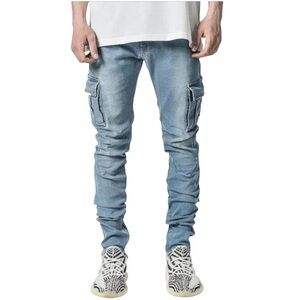 Hungson Men’s 36 Light Blue Cargo Stretch Jeans 7 Pocket NWOT
